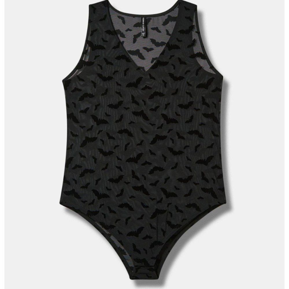 Torrid 2X Black Bat Velvet & Mesh V Neck Bodysuit - Picture 3 of 11